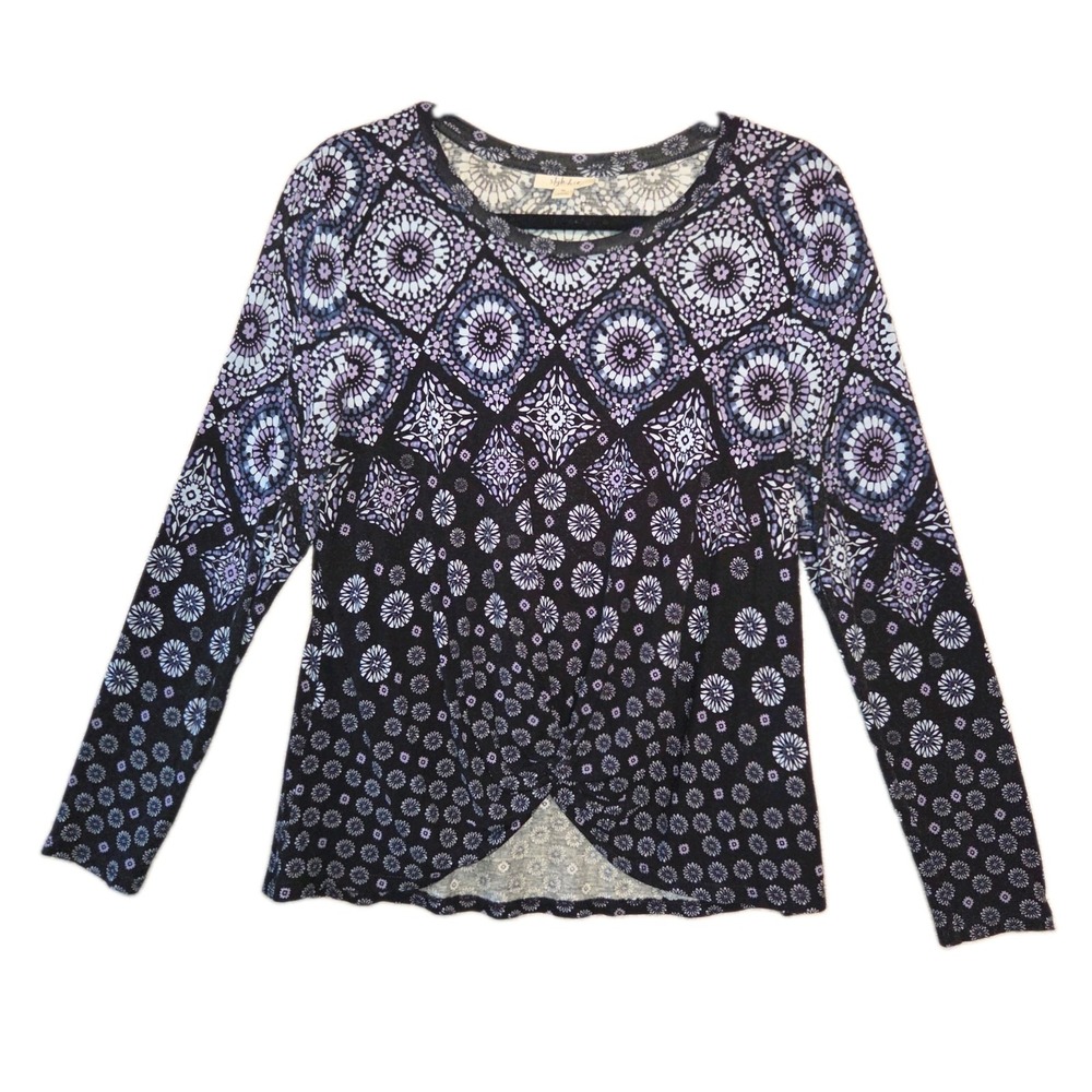 Style & Co Shirt Women Size PL Blue Floral Medallion Long Sleeve Knot Front Top
